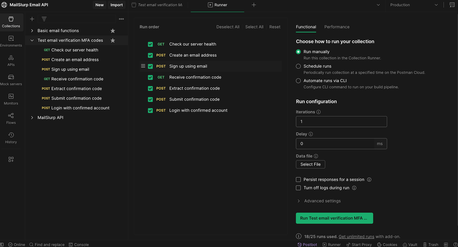 Use Postman MailSlurp integration to create inboxes inside tests and use them to receive MFA codes